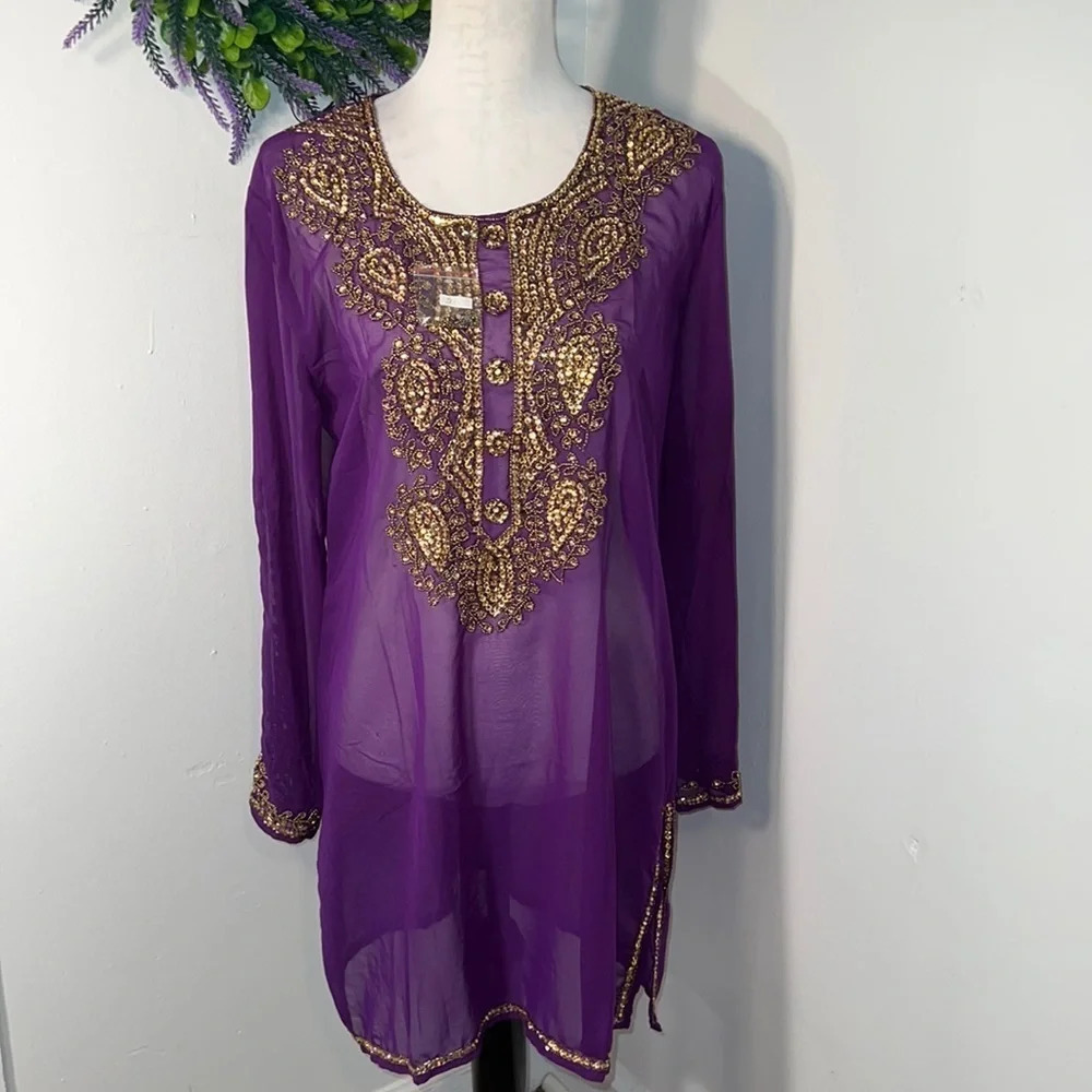 Abdul Majeed,L made in India jeweled embellished purple sheer‎ top/dress
